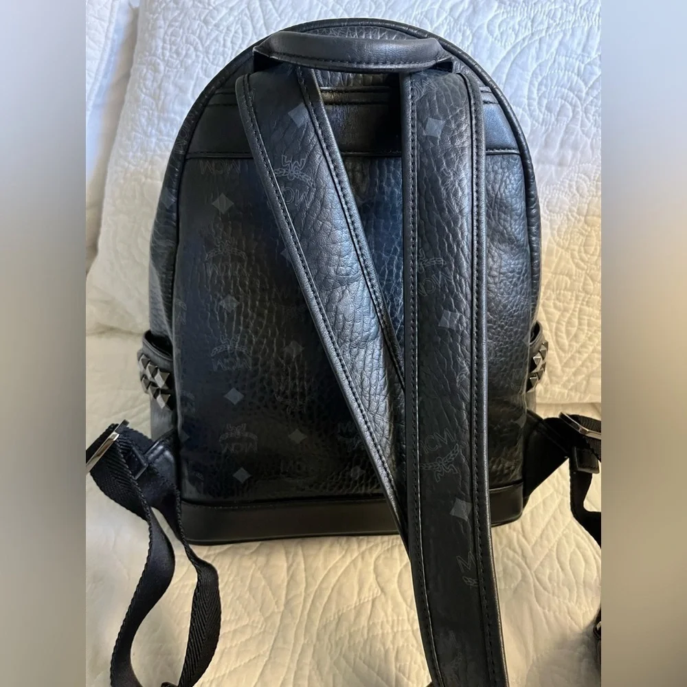 Stark Side Studs Backpack In Visetos, black side pockets w/stud details leather